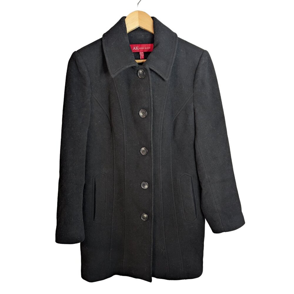 Vintage Anne Klein Black Wool Blend Tailored Coat M Quiet Luxury Heritage Chic
